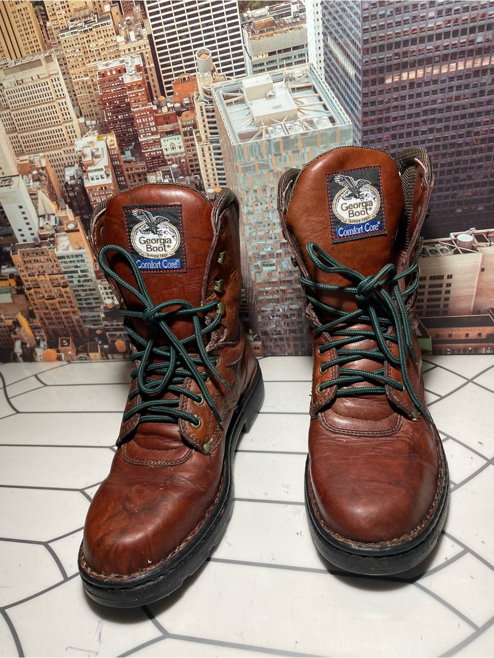 Georgia Boot Brown Leather Work Boots with Green Laces